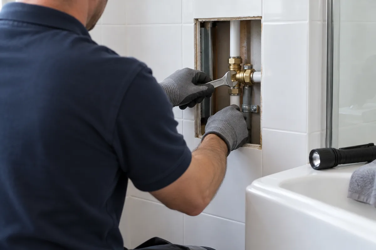 Mains gantées d&rsquo;un technicien devant une petite trappe ouverte dans une cloison carrelée, sur un raccord de canalisation