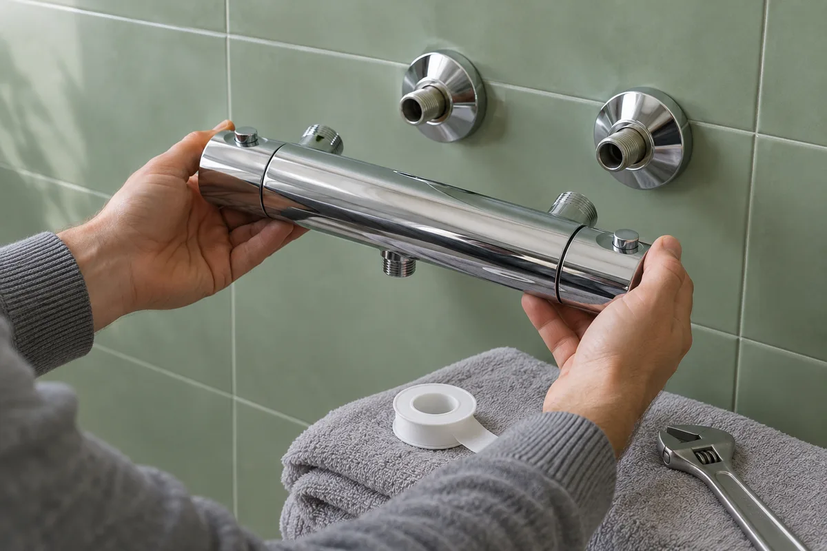 Mains présentant un mitigeur thermostatique neuf devant deux raccords excentrés chromés sur un mur de faïence vert sauge
