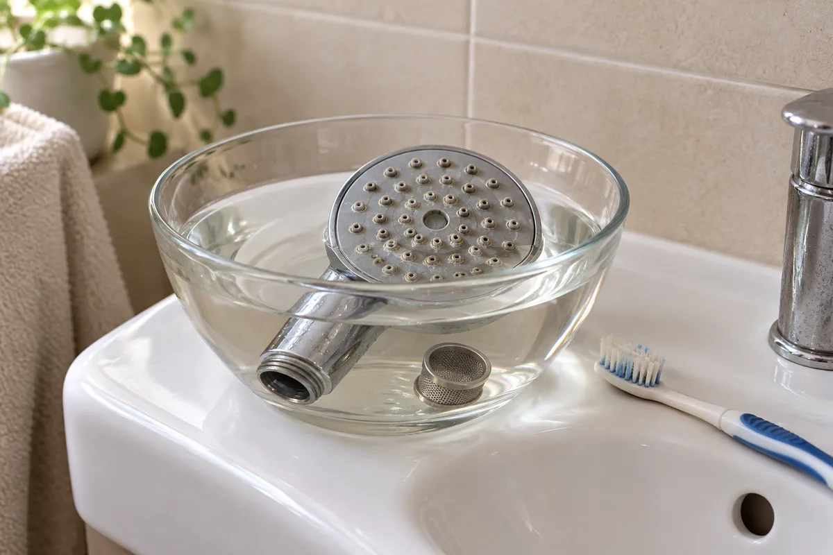 Pommeau de douche rond et petite grille de filtre trempant dans un bol de vinaigre blanc posé sur le rebord d’une vasque