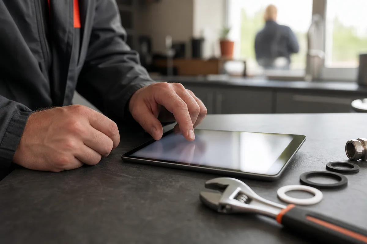 Plombier remplissant un devis sur une tablette posée sur un plan de travail, outillage à côté