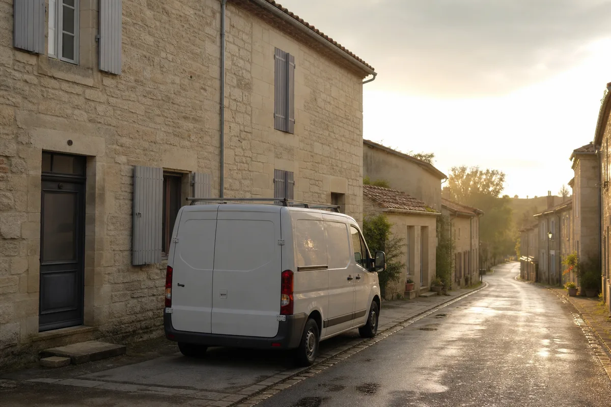 Rue calme d&rsquo;un bourg rural français au petit matin, fourgon d&rsquo;artisan garé devant une maison en pierre