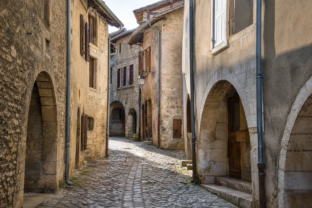 Ruelle pavée d&rsquo;un bourg médiéval de l&rsquo;Ain, façades anciennes et descentes de gouttières en zinc