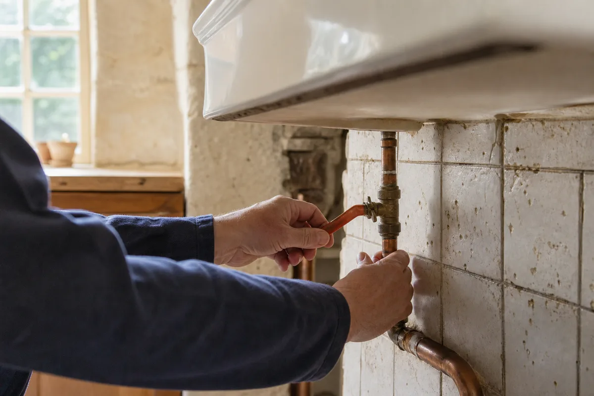 Mains fermant la vanne d&rsquo;arrêt d&rsquo;eau sous un évier, intérieur de maison ancienne à la lumière du jour