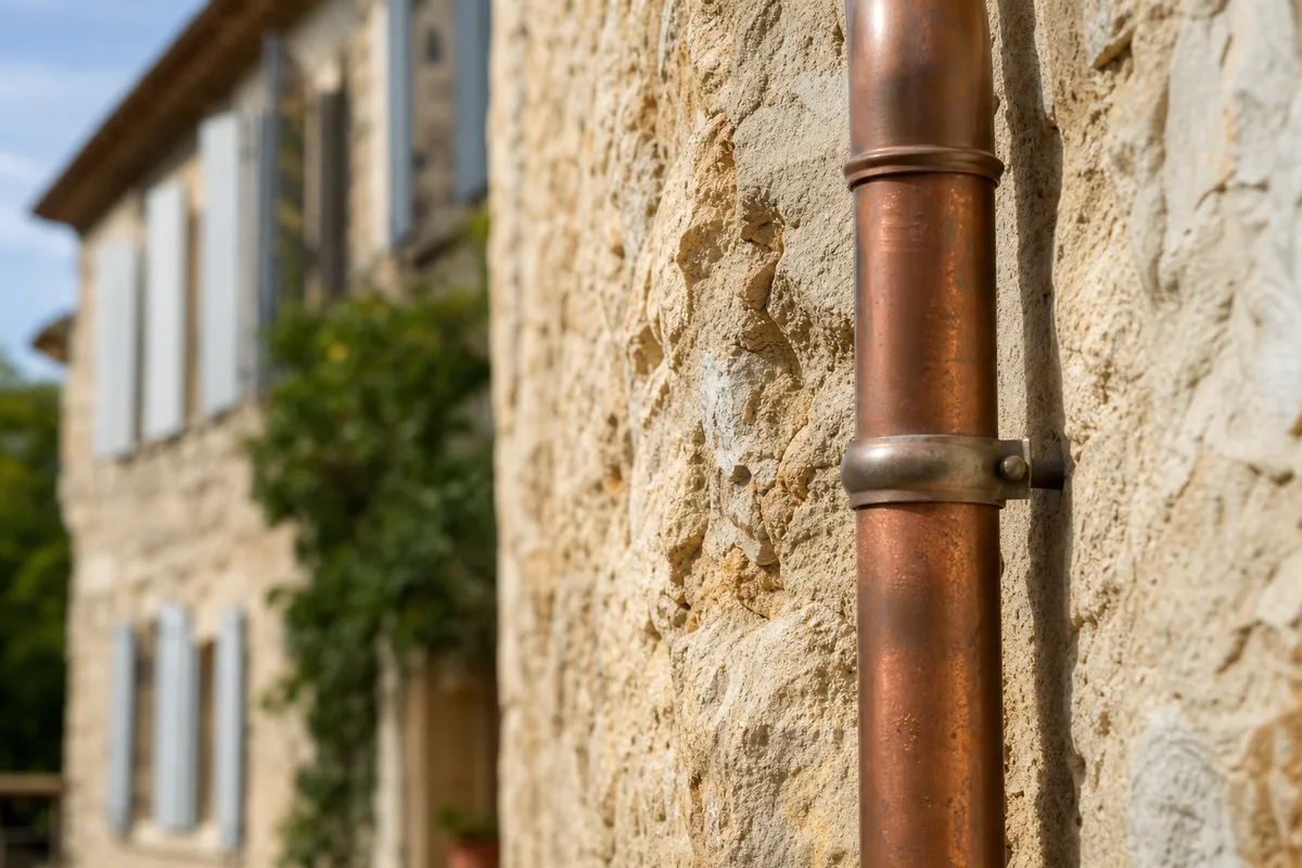 Façades en pierre de la bastide de Bazas avec canalisation de cuivre apparente
