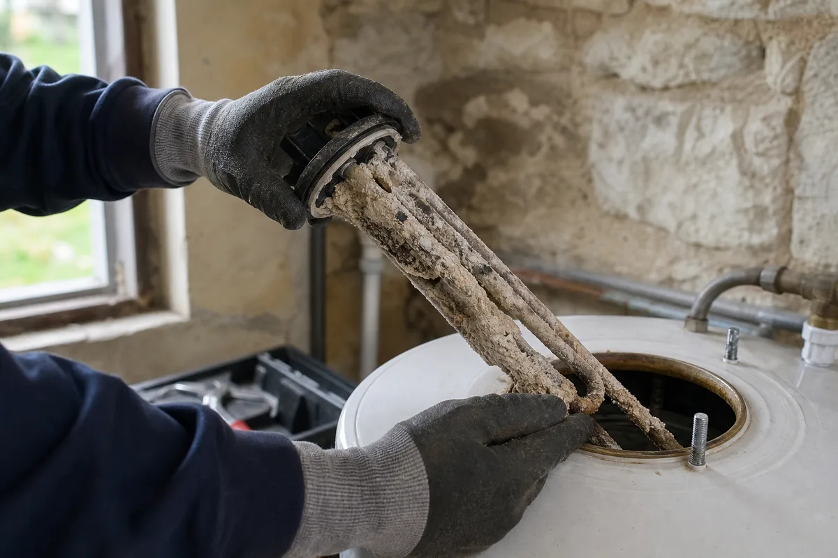 Mains d’artisan détartrant la résistance d’un chauffe-eau dans une buanderie rurale