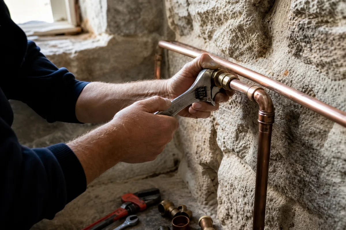Artisan plombier travaillant sur une canalisation en cuivre dans une longère bretonne en granit