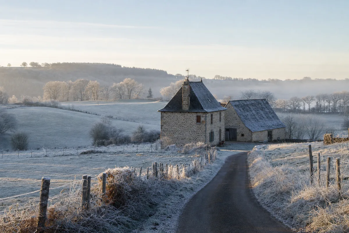 Ferme isolée du Ségala aveyronnais sous le givre, un matin d’hiver