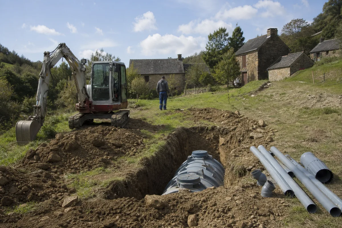 Chantier d’assainissement individuel dans un hameau aveyronnais, tranchée ouverte dans un pré