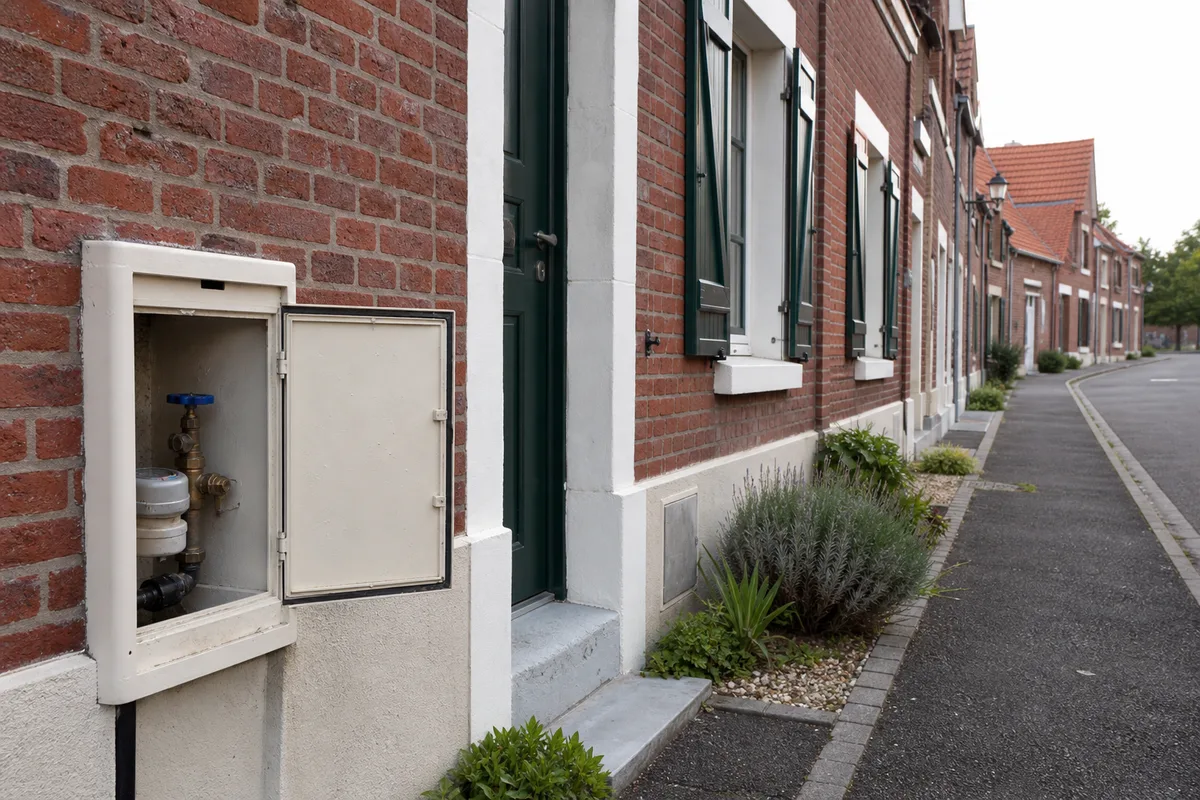 Alignement de maisons de brique d’une cité minière avec compteur d’eau en façade