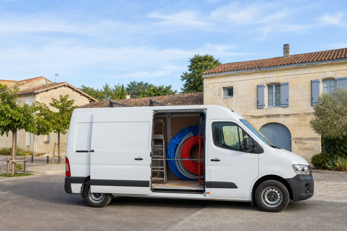 Fourgon d’artisan plombier garé devant une maison en pierre d’un bourg de Nouvelle-Aquitaine