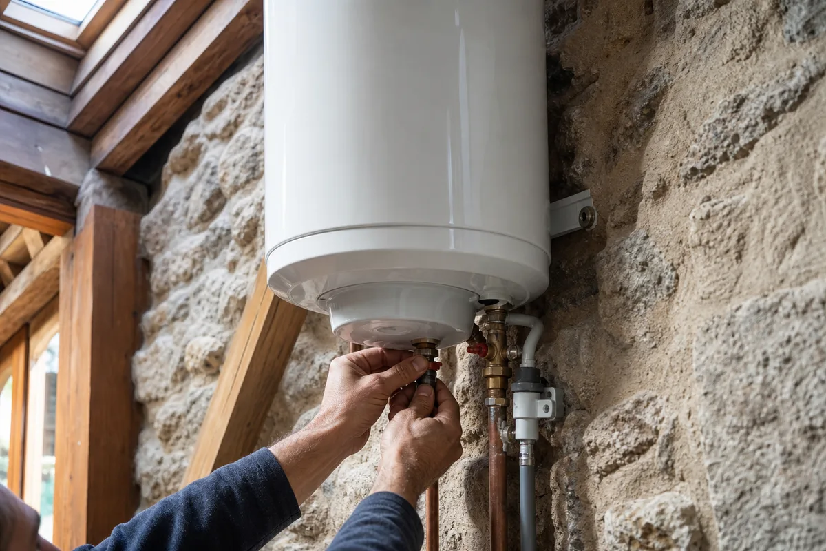 Toits d’un bourg rural de Nouvelle-Aquitaine avec ballon d’eau chaude en cours d’installation dans une grange rénovée