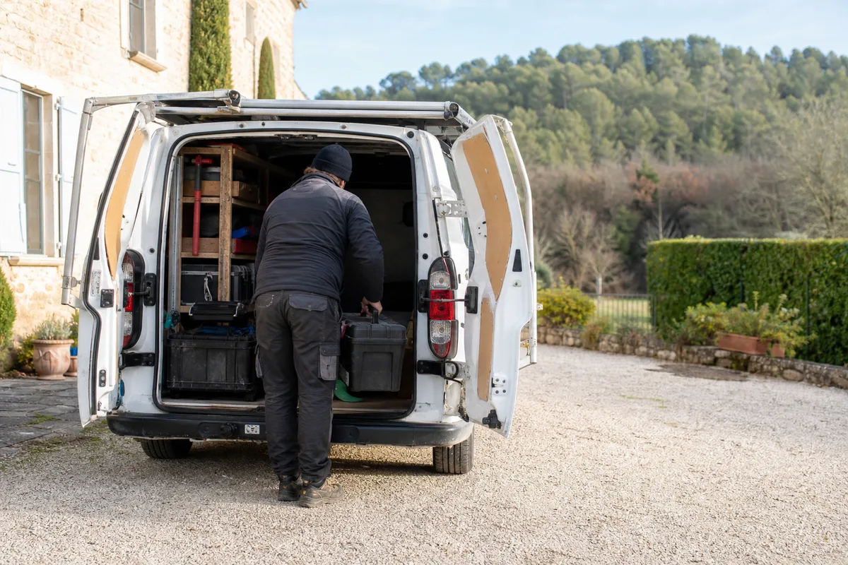 Artisan plombier chargeant son véhicule utilitaire avant une tournée dans un village de l&rsquo;Ain