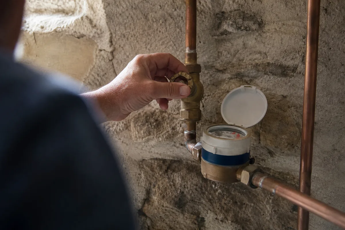 Main fermant la vanne d&rsquo;arrêt générale près d&rsquo;un compteur d&rsquo;eau dans une maison ancienne