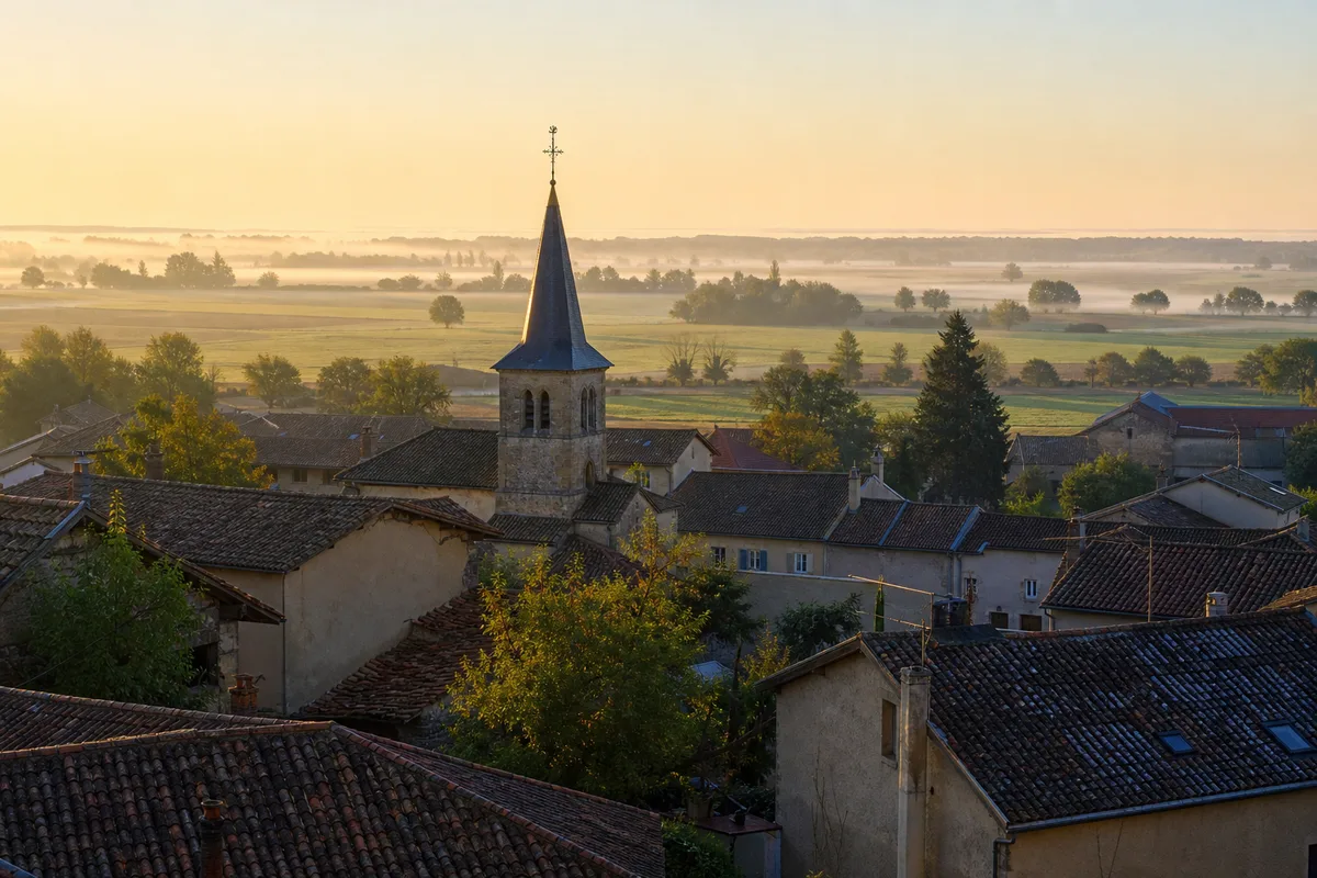 Village de la plaine de l&rsquo;Ain au petit matin, clocher et toits de tuiles sous une lumière claire