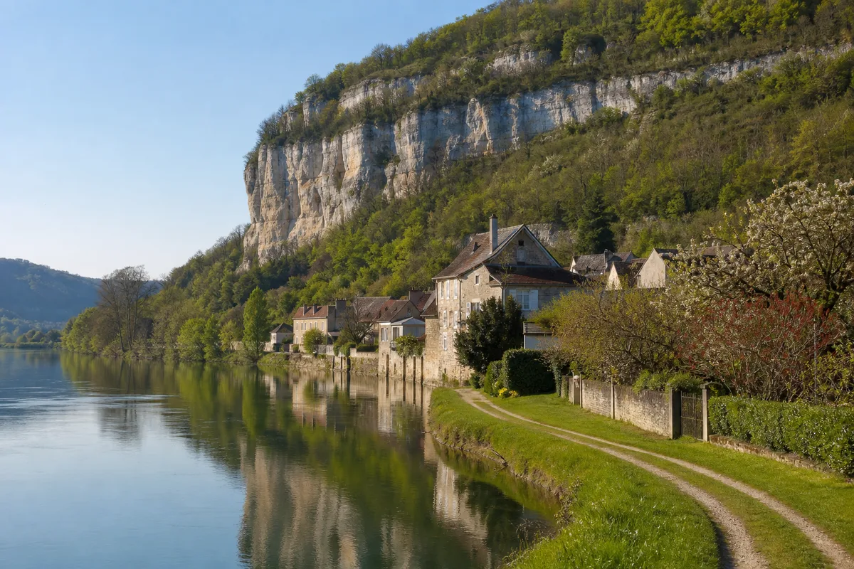 Rive du Rhône près d’un village du Bas-Bugey, maisons en pierre calcaire et falaise boisée en arrière-plan