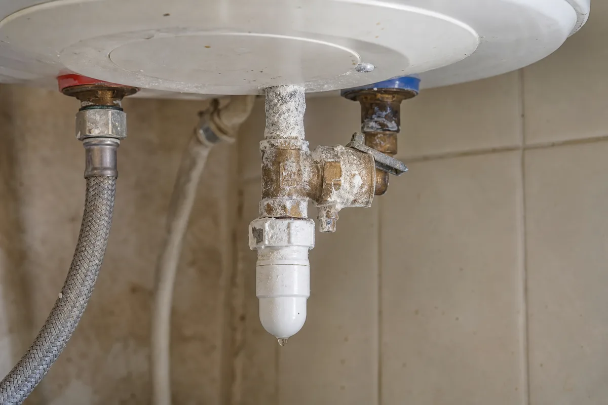 Groupe de sécurité et raccords entartrés sous un chauffe-eau, dépôts blancs de calcaire