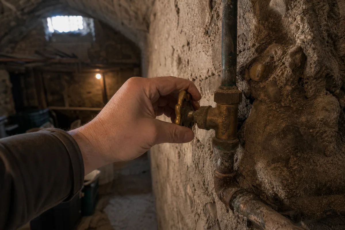 Main coupant la vanne d’arrêt d’eau générale dans une cave voûtée en pierre