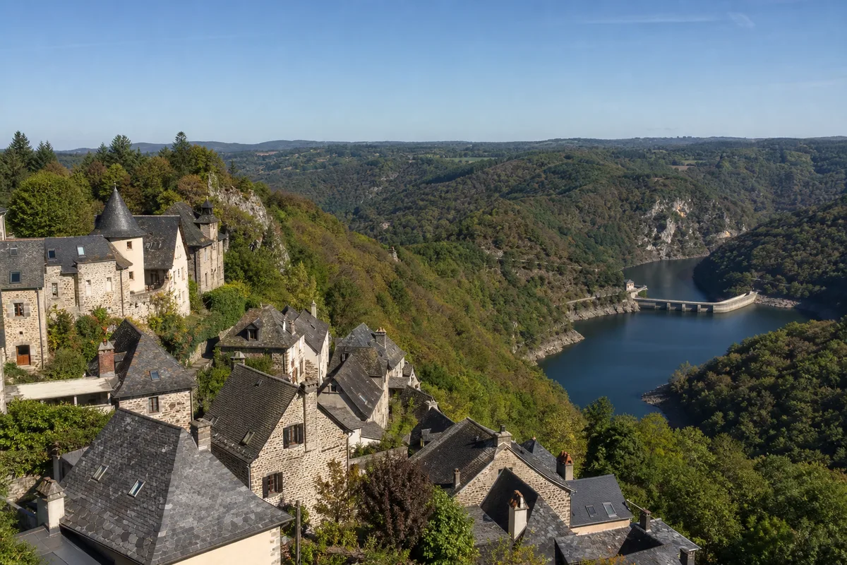 Village perché de la Xaintrie corrézienne dominant les gorges boisées de la Dordogne