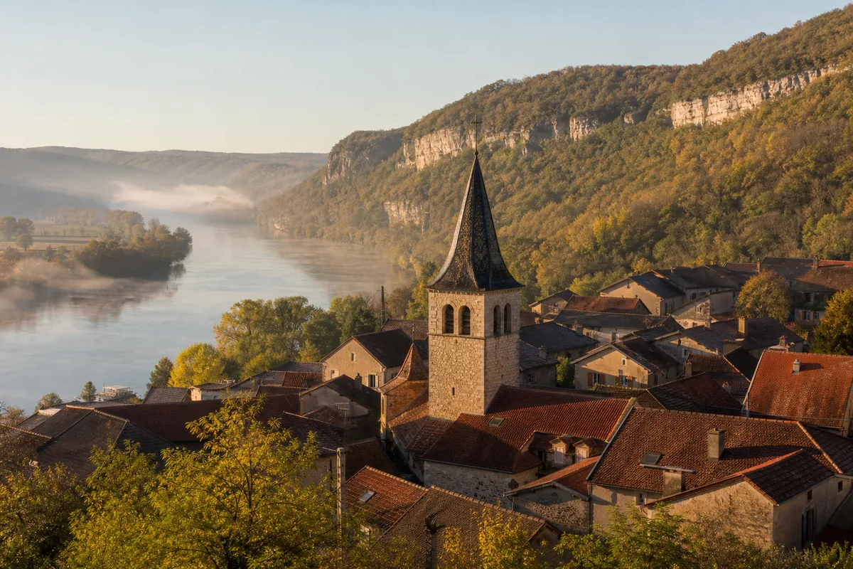 Vue d’un village du Bas-Bugey au bord du Rhône, toits de tuiles et coteaux boisés en lumière matinale