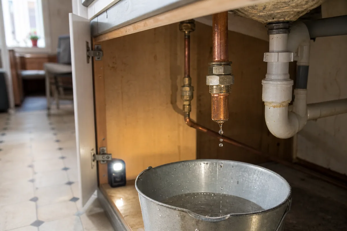 Fuite au niveau d’un raccord de canalisation en cuivre sous un évier, seau posé dessous