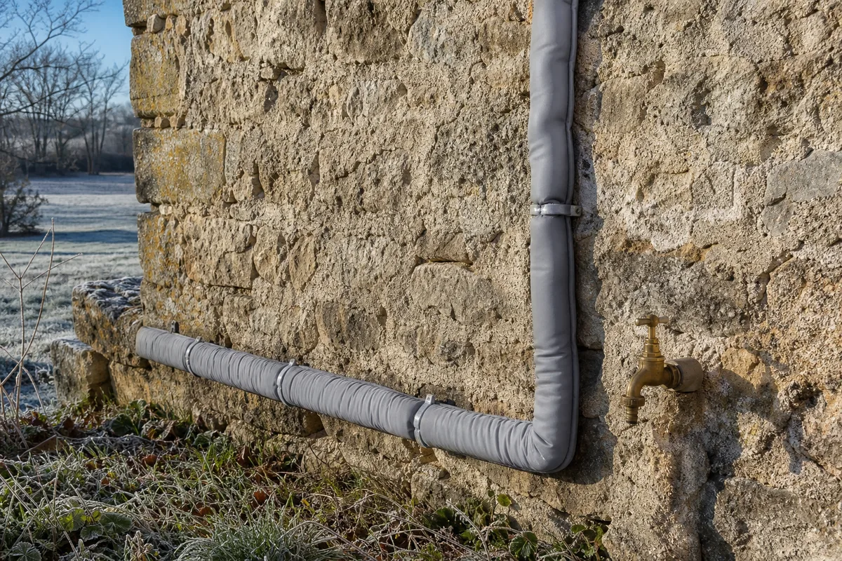 Canalisation extérieure protégée par un manchon isolant sur un mur de ferme, givre matinal